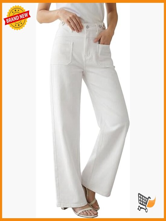 Denim - Lyocott Cotton Denim Wide Leg Jeans High Rise Adjustable Waist Stretchy